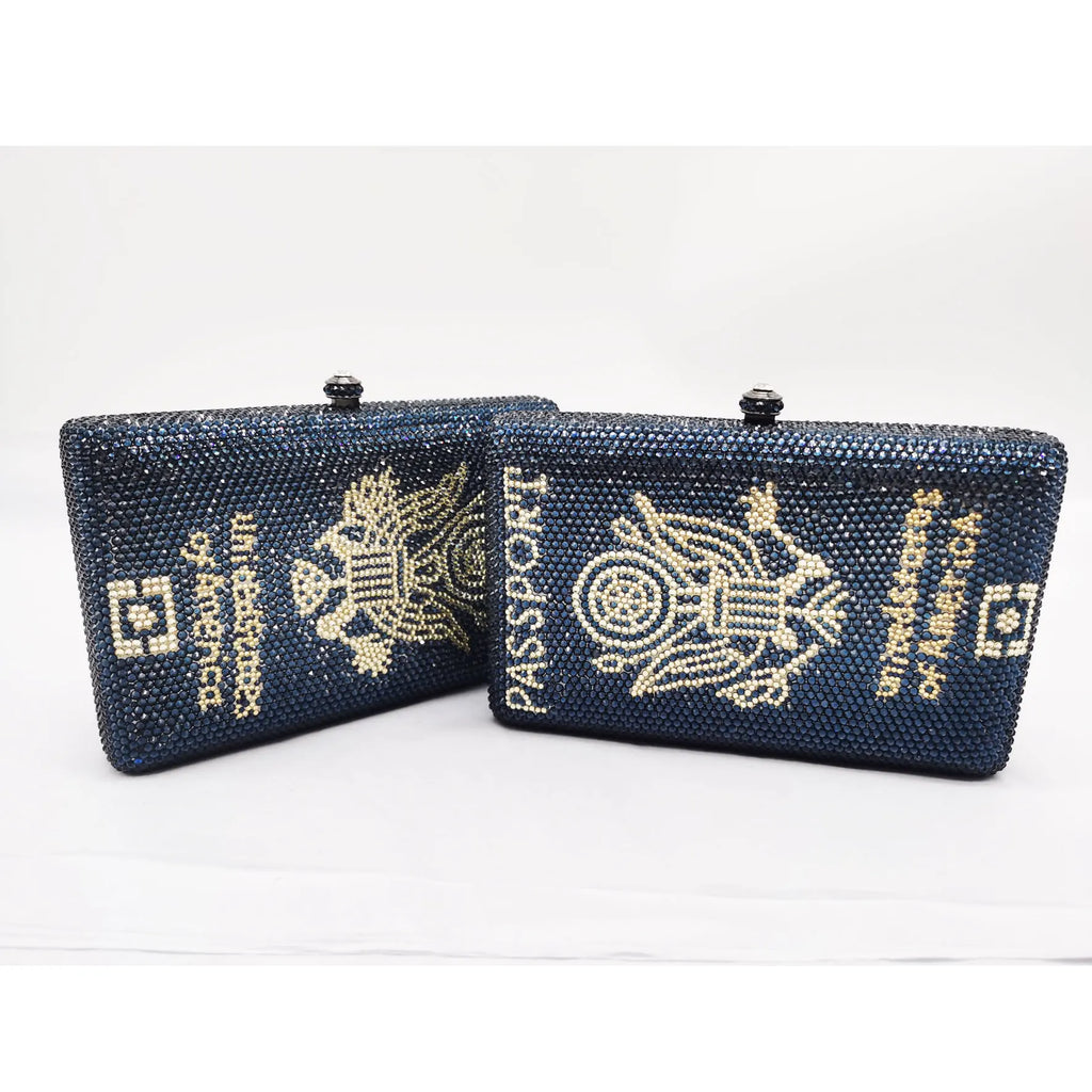 Navy Blue Passport Customized Crystal Bags Luxury Diamond Letters Ladies Clutch Bags DIY Evening Bags for Women